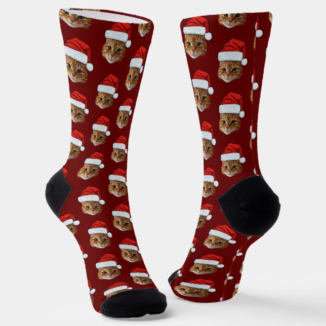 Funny Cat Custom Face Photo Santa Hat Christmas Socks (Angled)