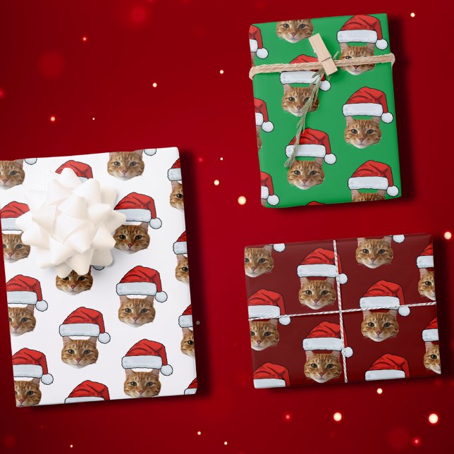 Funny Cat Custom Face Photo Santa Hat Christmas Wrapping Paper Sheets (Creator Uploaded)