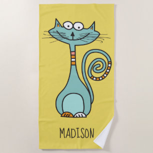 Funny Cat custom name & color beach towel