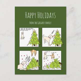 Funny Cat Dog Cartoon Green Christmas Holiday Postcard