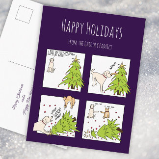 Funny Cat Dog Cartoon Purple Christmas Holiday Postcard