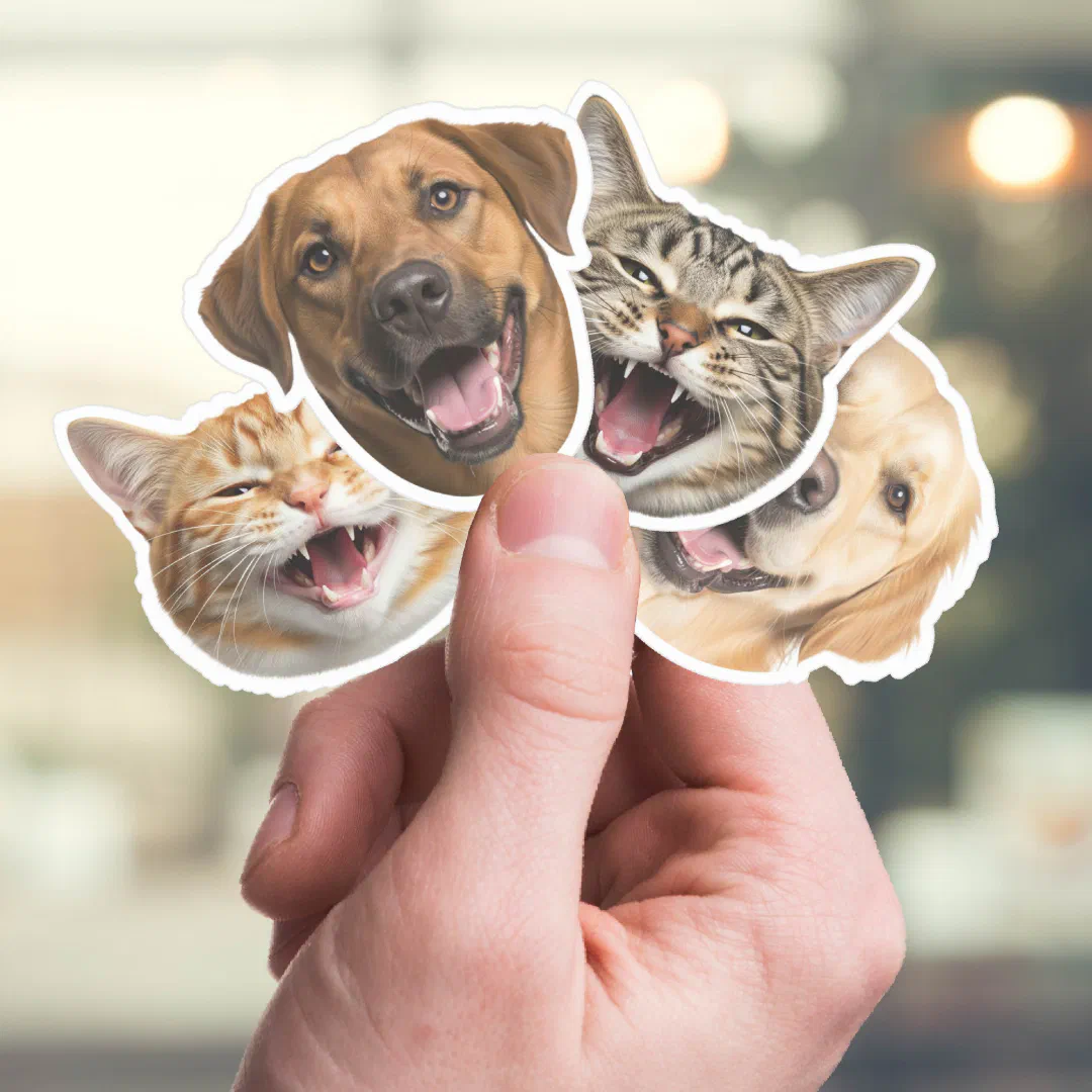 Funny cat and dog faces custom photo stickers with personalized pet pictures.
