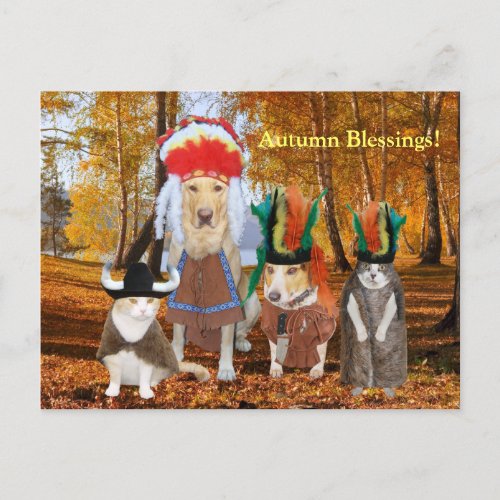 Funny CatDog Indians for AutumnThanksgiving Holiday Postcard