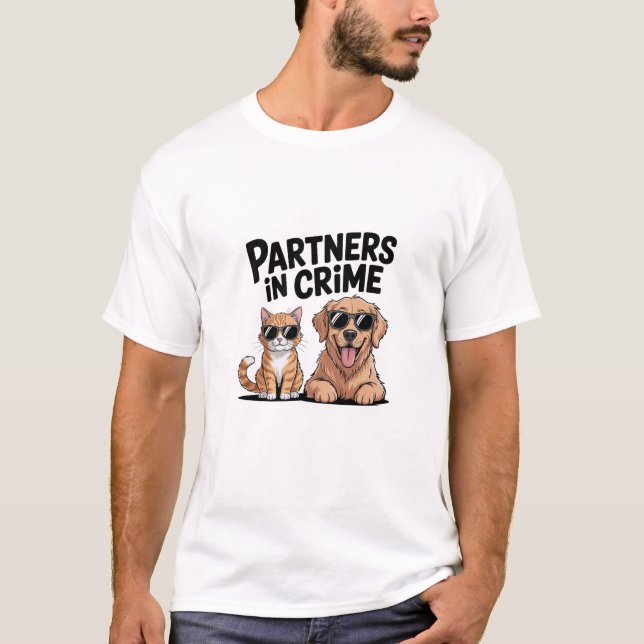 Funny Cat & Dog T-Shirt – “Partners in Crime” Cart (Front)