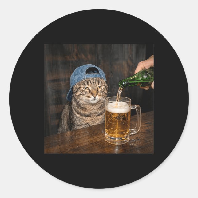 Funny Cat Drinking Beer Hat Graphic Unimpressed Classic Round Sticker (Front)