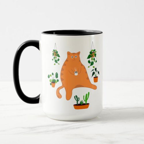 Funny Cat Drinking Coffee Mug Cat With Plants Mug