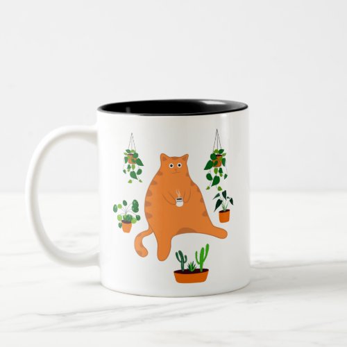 Funny Cat Drinking Coffee Mug Cat With Plants Two_Tone Coffee Mug