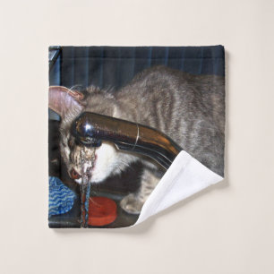 Funny Cat Drinking From Tap, Wash Cloth