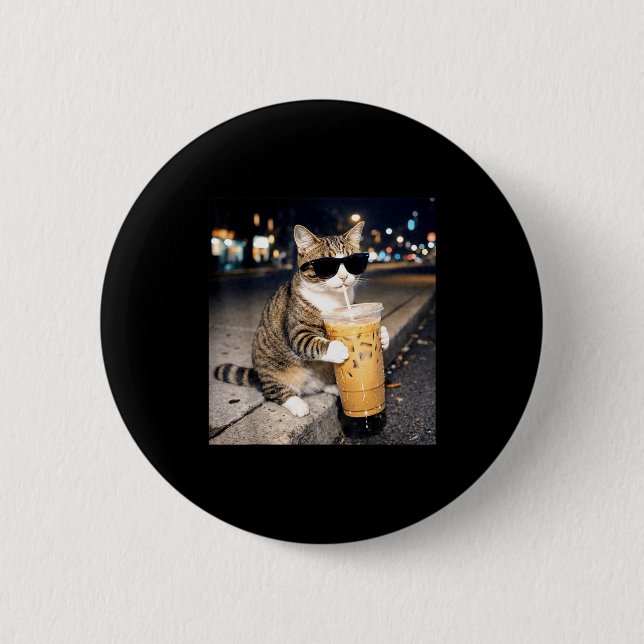 Funny cat drinking iced coffee animal meme for men button (Front)