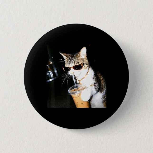Funny Cat Drinking Iced Coffee Humor Meme Kitten Button (Front)