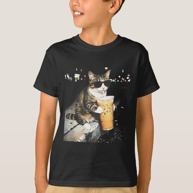 Funny cat Drinking iced Coffee T-Shirt (Front)