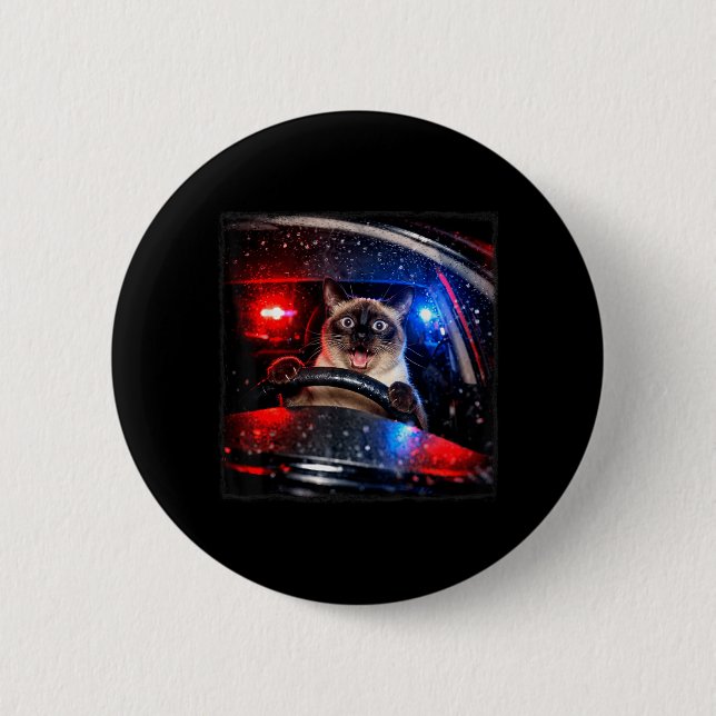 Funny Cat Driving Police Chase Kitten Meme Humor Button (Front)