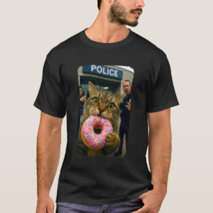 Funny Cat Eating Donut at Police Station Cat Selfi T-Shirt