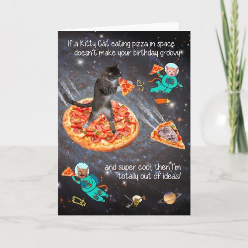 Funny Cat Eating Pizza Birthday Greeting Card 