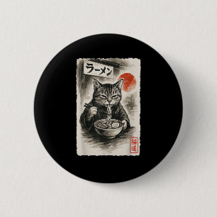 Funny Cat Eating Ramen Noodles Sumi-e Japanese Kaw Button
