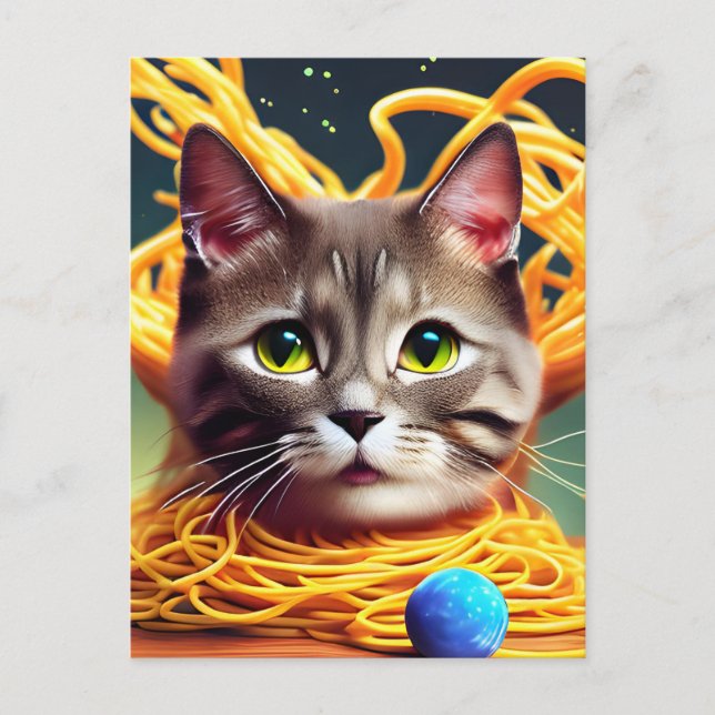 Funny Cat Eating Spaghetti Postcard (Front)