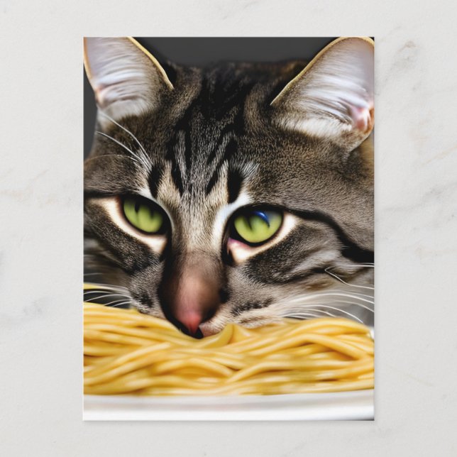 Funny Cat Eating Spaghetti Postcard (Front)