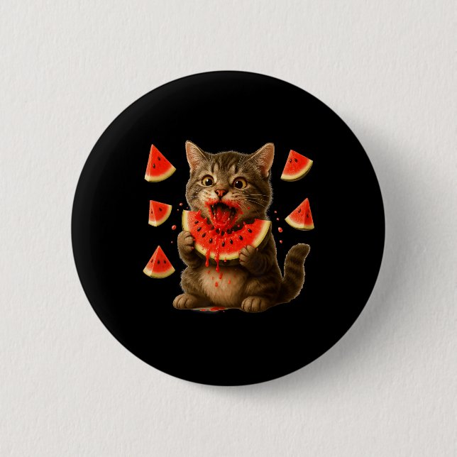 Funny Cat Eating Watermelon Slice Watermelon Day S Button (Front)