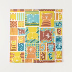 Funny cat fabric patchwork wallpaper,abstract seam tapestry