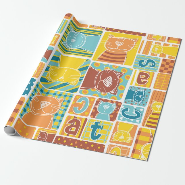 Funny cat fabric patchwork wallpaper,abstract seam wrapping paper (Unrolled)