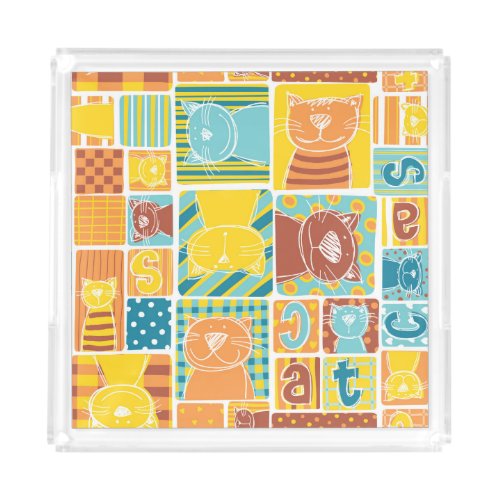 Funny Cat Fabric Patchwork Wallpaper Acrylic Tray