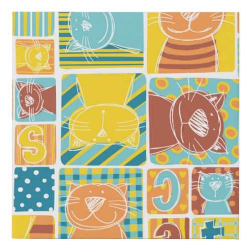 Funny Cat Fabric Patchwork Wallpaper Faux Canvas Print