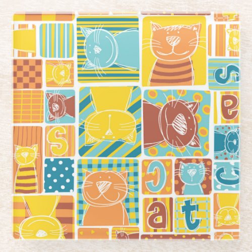 Funny Cat Fabric Patchwork Wallpaper Glass Coaster