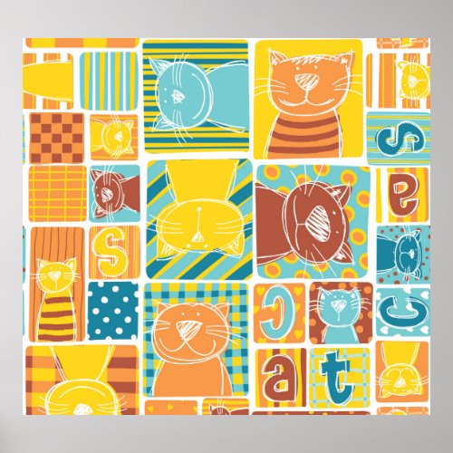 Funny Cat Fabric Patchwork Wallpaper Poster