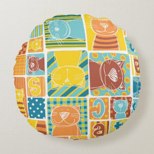 Funny Cat Fabric Patchwork Wallpaper Round Pillow