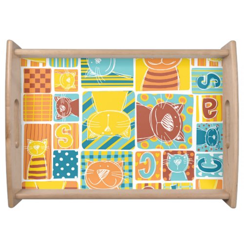 Funny Cat Fabric Patchwork Wallpaper Serving Tray