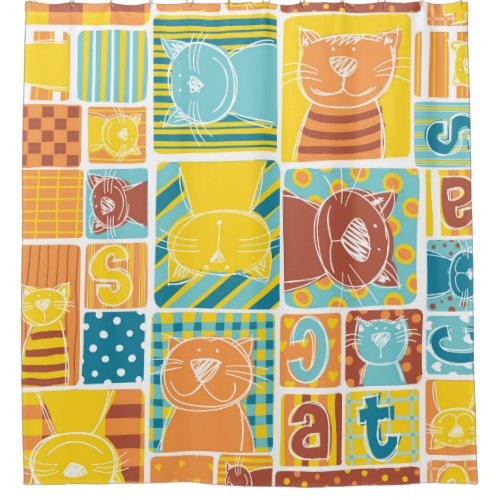 Funny Cat Fabric Patchwork Wallpaper Shower Curtain