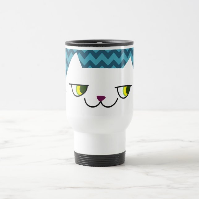 Funny Cat Face | Blue Zig Zag Pattern Travel Mug (Center)