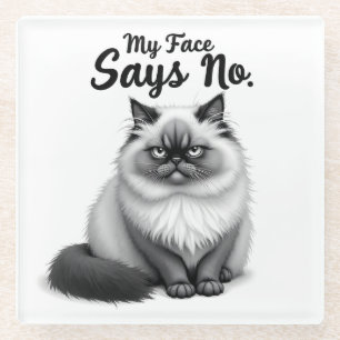 Funny Cat Face Illustration – Minimal Cute Cat Art Glass Coaster