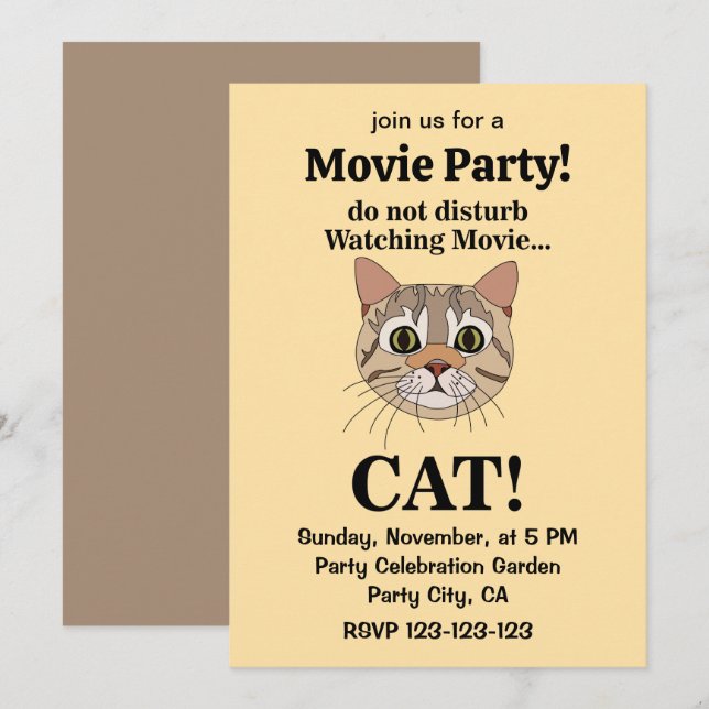 Funny Cat Face Movie Party Invitation (Front/Back)