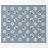 Funny Cat Face Photo Blue Snowflake Christmas Wrapping Paper (Flat)