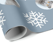 Funny Cat Face Photo Blue Snowflake Christmas Wrapping Paper (Roll Corner)