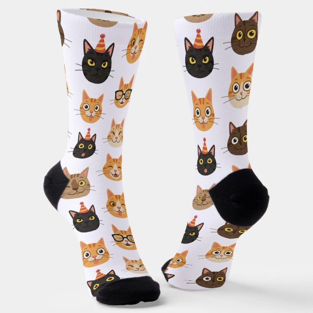 Funny Cat Faces Pattern Crew Socks (Angled)