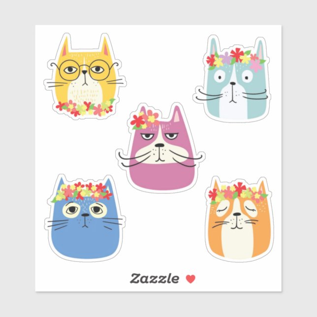 Funny Cat Faces with Cute Flowers Sticker (Sheet)