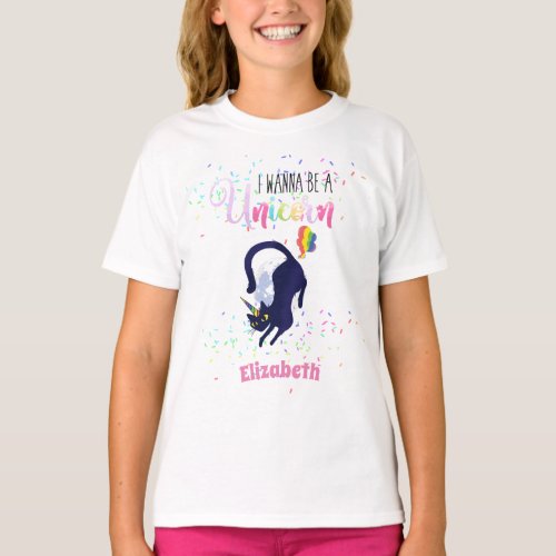 Funny Cat Farting Rainbows Wanabe Unicorn Girls T_Shirt