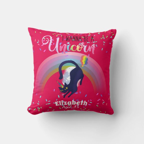 Funny Cat Farting Rainbows Wanabe Unicorn Girls Throw Pillow