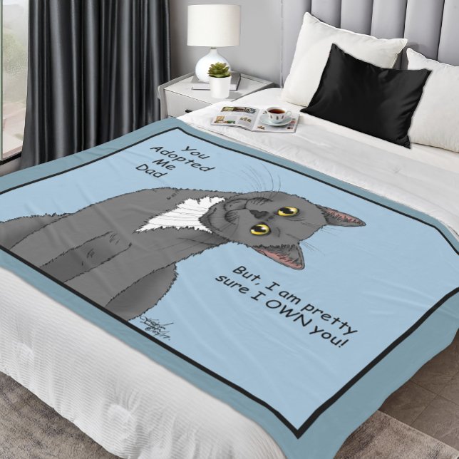 Funny Cat Father’s Day Gray Cat Blue Fleece Blanket (Creator Uploaded)