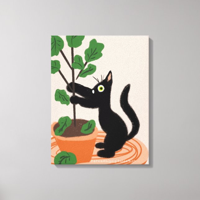 Funny Cat Fig Tree Potted Plants Hand Drawn  Canvas Print (Front)