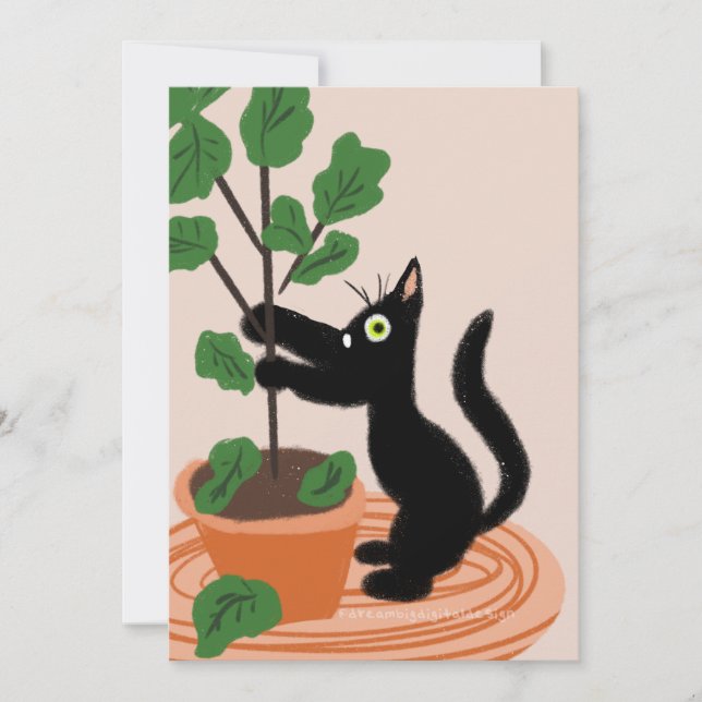 Funny Cat Fig Tree Potted Plants Hand Drawn Card (Front)