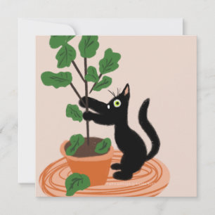 Funny Cat Fig Tree Potted Plants Hand Drawn Card