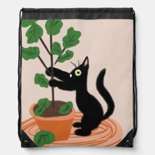Funny Cat Fig Tree Potted Plants Hand Drawn Drawstring Bag