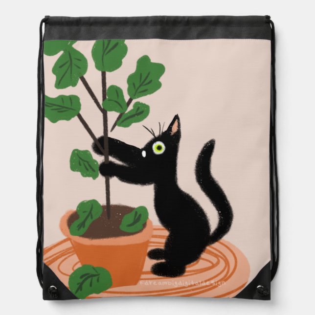 Funny Cat Fig Tree Potted Plants Hand Drawn      Drawstring Bag (Front)