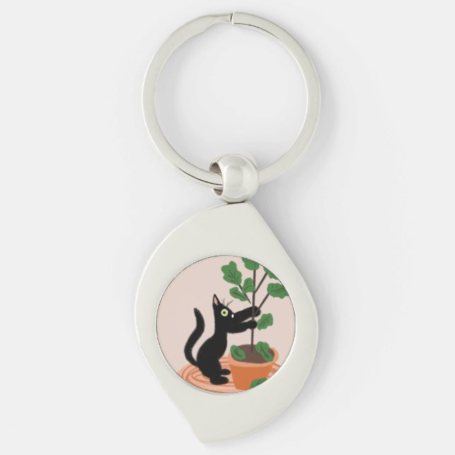 Funny Cat Fig Tree Potted Plants Hand Drawn     Gl Keychain (Front)