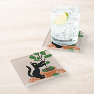 Funny Cat Fig Tree Potted Plants Hand Drawn Glass Coaster