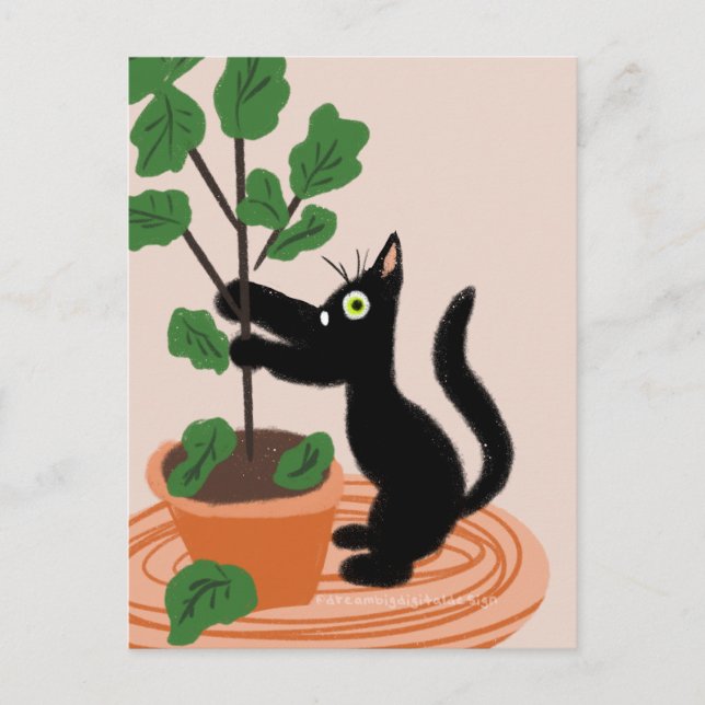 Funny Cat Fig Tree Potted Plants Hand Drawn Postcard (Front)