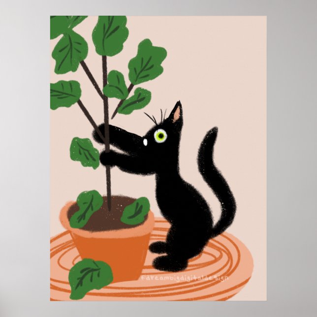 Funny Cat Fig Tree Potted Plants Hand Drawn  Poster (Front)